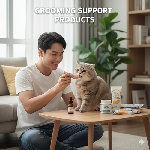 Người đàn ông cho mèo Anh lông dài dùng malt paste và các sản phẩm dưỡng lông, chăm sóc da chuyên dụng cho mèo trong không gian nhà.
