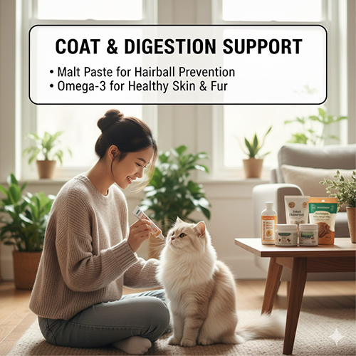 Mèo Anh lông dài được cho ăn malt paste và dầu cá hỗ trợ tiêu hóa và giảm búi lông