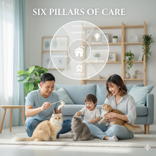 Gia đình chơi cùng mèo Anh lông dài trong phòng khách, minh họa sáu trụ cột chăm sóc cơ bản cho mèo ALD.