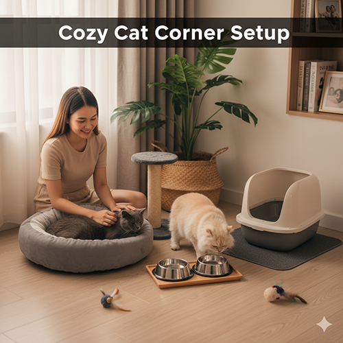 Gợi ý setup góc nuôi mèo Anh đẹp và sạch với khay cát, giường ngủ, bát ăn, cây cào móng và đồ chơi