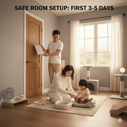 Setup phòng “neo an toàn” 3–5 ngày đầu cho mèo con: gia đình bố trí góc ăn–uống, khay cát và ổ ngủ trong phòng yên tĩnh, ánh sáng dịu