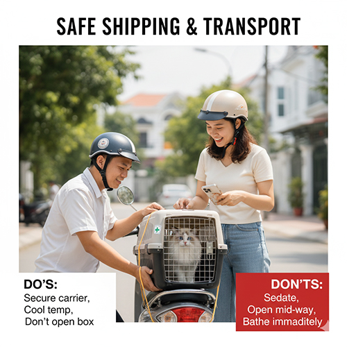 Hướng dẫn ship nội/ngoại tỉnh cho mèo an toàn: carrier cứng cố định, giữ nhiệt độ mát, không mở hộp giữa đường; cảnh giao nhận bằng xe máy.