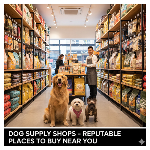 Ba chú chó ngồi trong cửa hàng thú cưng với nhân viên đứng giữa các kệ đầy thức ăn và phụ kiện cho chó