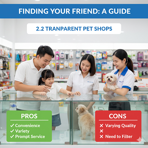 Gia đình cùng nhân viên cửa hàng thú cưng chọn chó con trong không gian sáng sủa, minh họa cho bài viết “Shop chó cảnh minh bạch – ưu nhược điểm & cách chọn an toàn”