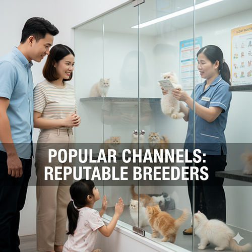 Gia đình xem mèo con tại cửa hàng thú cưng uy tín, nhân viên tư vấn về quy trình mua bán và chăm sóc