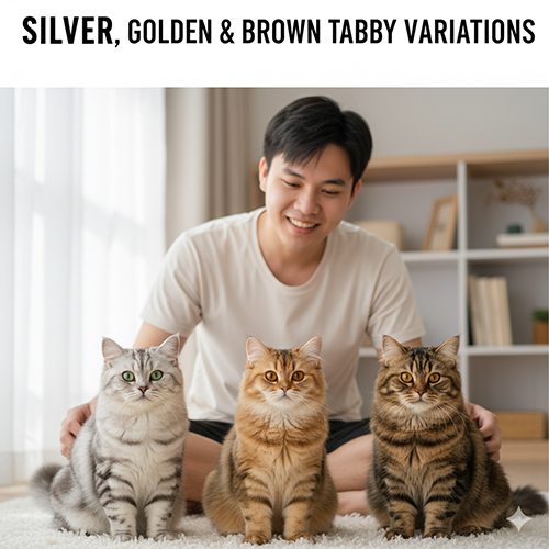 Ba biến thể mèo Anh lông dài tabby phổ biến gồm silver, golden và brown tabby với màu lông tương phản nổi bật