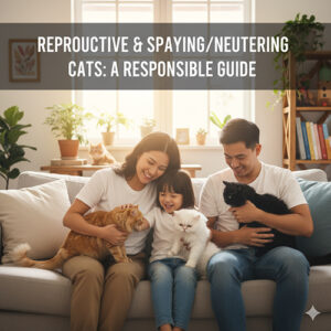 Gia đình trẻ vui vẻ cùng hai chú mèo trên ghế sofa, minh họa cho hướng dẫn về sinh sản và triệt sản mèo có trách nhiệm