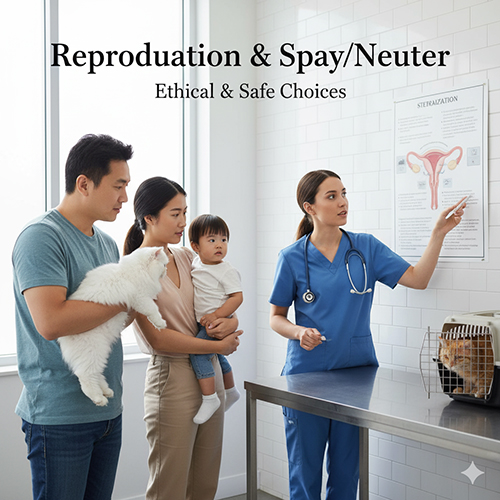 Gia đình đưa mèo đi khám thú y, bác sĩ tư vấn về triệt sản và chu kỳ sinh sản an toàn cho mèo