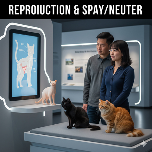 Cặp đôi đang quan sát mô hình minh họa sinh sản mèo cùng hai chú mèo ngồi cạnh, thể hiện chủ đề sinh sản và triệt sản ở mèo.