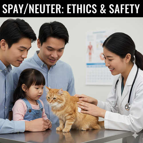 Bác sĩ thú y tư vấn cho gia đình về triệt sản mèo trong phòng khám, minh họa chủ đề sinh sản, an toàn và đạo đức trong chăm sóc mèo