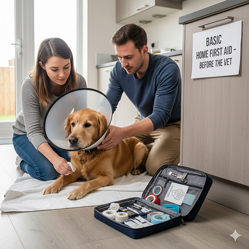 Cặp đôi đang sơ cứu cho chó Golden Retriever bị thương nhẹ tại nhà, với bộ dụng cụ y tế thú cưng và vòng cổ bảo vệ, minh họa cách xử lý trước khi đưa đến bác sĩ thú y.