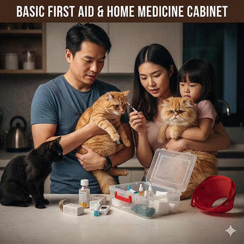 Gia đình chuẩn bị tủ thuốc và sơ cứu cơ bản cho mèo trong nhà, minh họa cho chăm sóc khẩn cấp tại gia