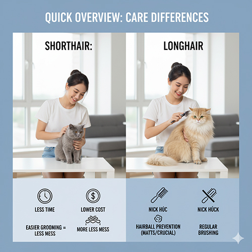 Cô gái chải lông cho hai bé mèo Anh – một lông ngắn và một lông dài – minh họa sự khác biệt trong việc chăm sóc giữa hai giống mèo