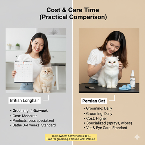 Hai cô gái chăm sóc mèo Anh lông dài và mèo Ba Tư, minh họa sự khác biệt về tần suất chải lông và chi phí grooming giữa hai giống mèo.