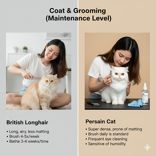 Cô gái chải lông cho mèo Anh lông dài và mèo Ba Tư, thể hiện sự khác biệt về độ dày và mức độ chăm sóc lông của hai giống mèo.