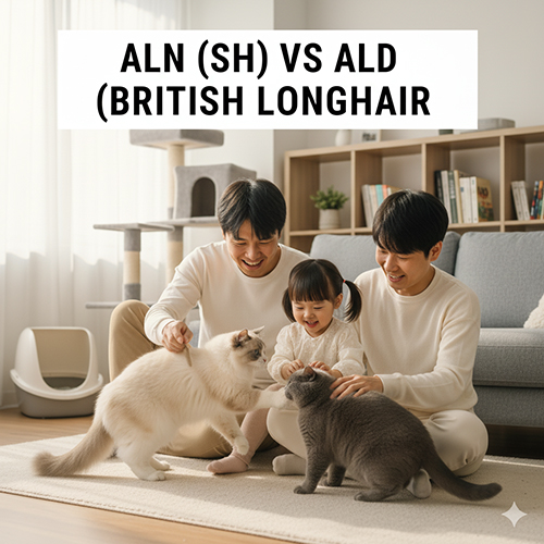 Gia đình chơi với mèo Anh lông ngắn và mèo Anh lông dài trong phòng khách, minh họa cho sự khác biệt giữa hai giống