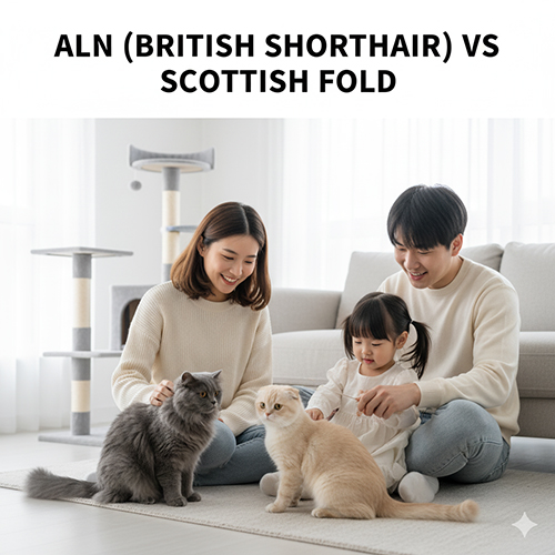 Gia đình chơi với hai chú mèo Anh lông ngắn và mèo Scottish Fold trong phòng khách, minh họa cho bài so sánh hai giống mèo phổ biến
