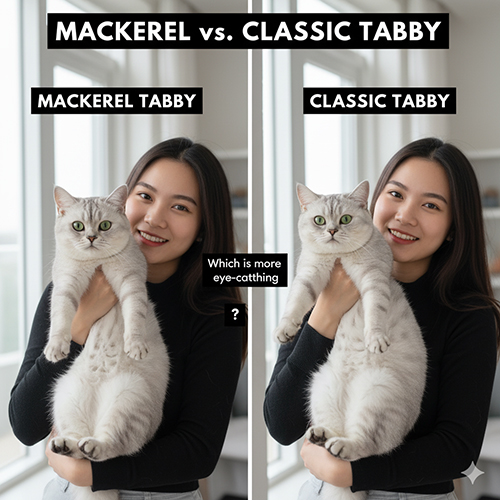 Cô gái bế hai chú mèo Anh silver tabby: bên trái là mackerel tabby có vân sọc dọc đều, bên phải là classic tabby với vân xoáy bullseye rõ nét.