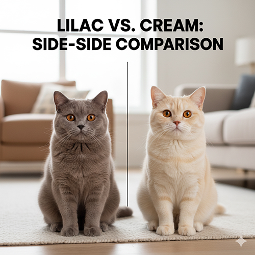 Hai chú mèo Anh ngồi cạnh nhau trong phòng khách sáng sủa, một bé màu lilac xám ấm và một bé màu cream vàng nhạt, minh họa sự khác biệt rõ ràng giữa hai tông.