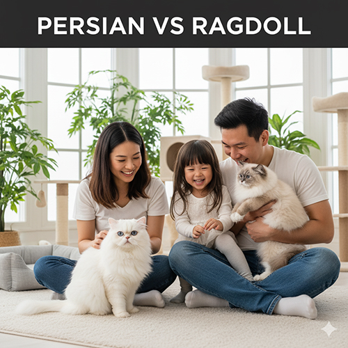 Gia đình chơi với mèo Ba Tư trắng và mèo Ragdoll trong phòng khách, minh họa cho sự khác biệt giữa hai giống mèo lông dài phổ biến