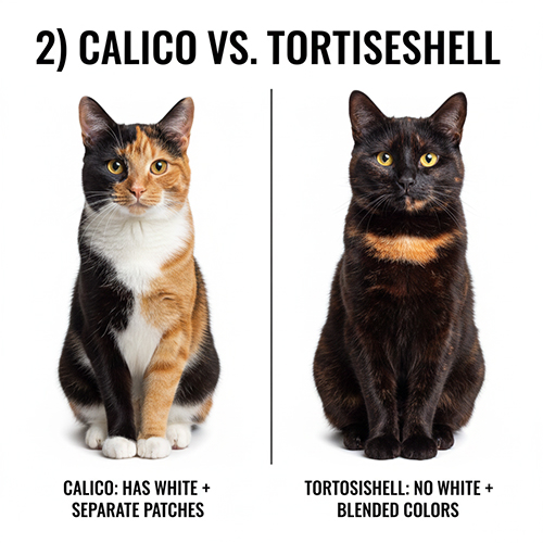 So sánh mèo tam thể calico có mảng trắng và mèo đồi mồi tortoiseshell không có trắng