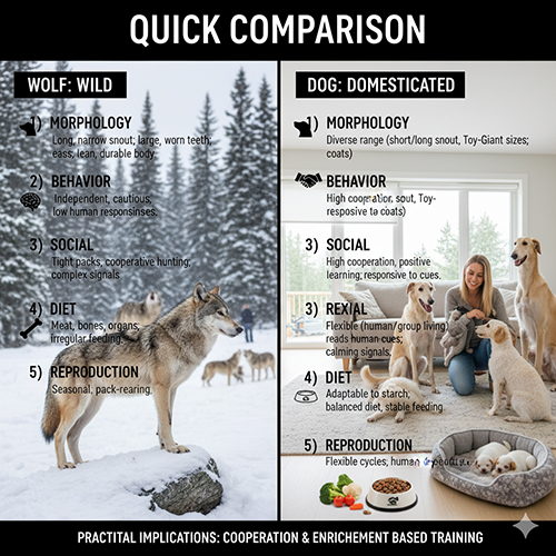 Bảng so sánh nhanh giữa chó nhà và sói xám – hình thái, hành vi, xã hội, tiêu hoá và sinh sản