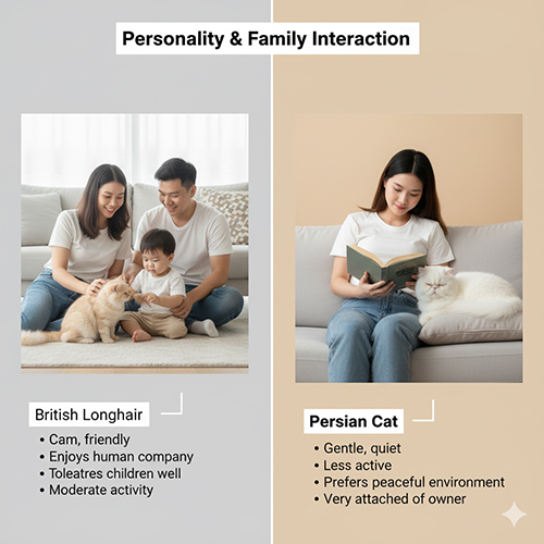 Gia đình chơi với mèo Anh lông dài thân thiện và cô gái đọc sách cạnh mèo Ba Tư ngoan ngoãn, minh họa sự khác biệt tính cách hai giống mèo.