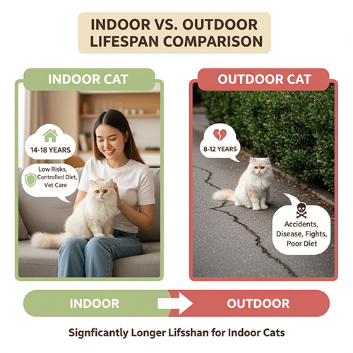So sánh hai hình ảnh mèo Anh lông dài nuôi trong nhà và thả rông, minh họa sự khác biệt lớn về tuổi thọ.