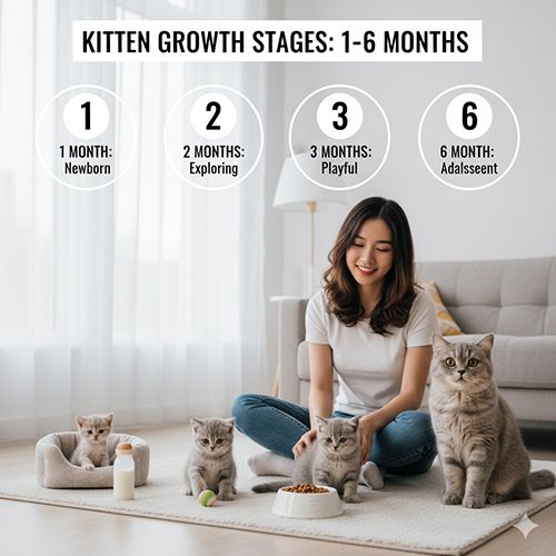 Cô gái ngồi cùng bốn mèo Anh lông ngắn con ở các giai đoạn phát triển từ 1 đến 6 tháng tuổi, minh họa quá trình lớn lên của mèo con