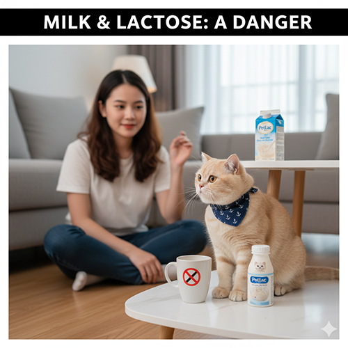 Mèo Anh lông ngắn ngồi cạnh ly sữa có biểu tượng cấm và chai sữa PetLac, trong khi chủ ngồi phía sau quan sát.