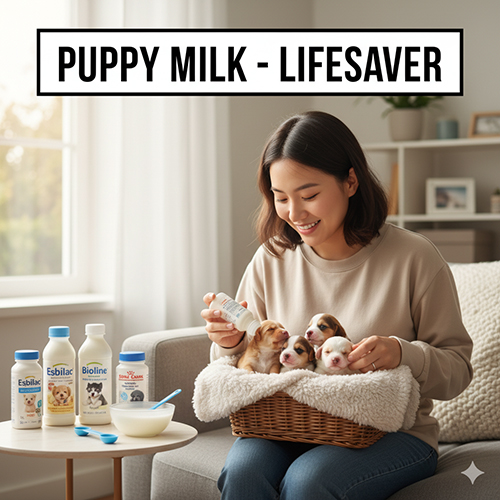 Cô gái cho chó con bú bình trong giỏ, bên cạnh là các chai sữa công thức Esbilac và Bioline đặt trên bàn.