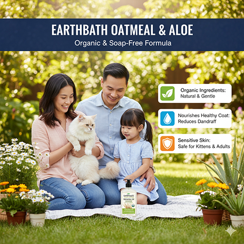 Sữa tắm Earthbath Oatmeal & Aloe hữu cơ cho mèo Anh lông dài, an toàn cho da nhạy cảm và mèo con