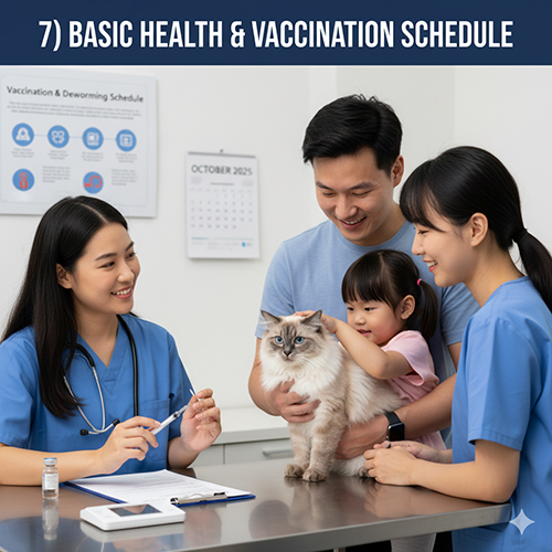 Sức khỏe cơ bản và lịch tiêm–tẩy cho mèo: tiêm FVRCP, dại, tẩy ký sinh định kỳ, khám sức khỏe 6–12 tháng/lần và theo dõi dấu hiệu đỏ.