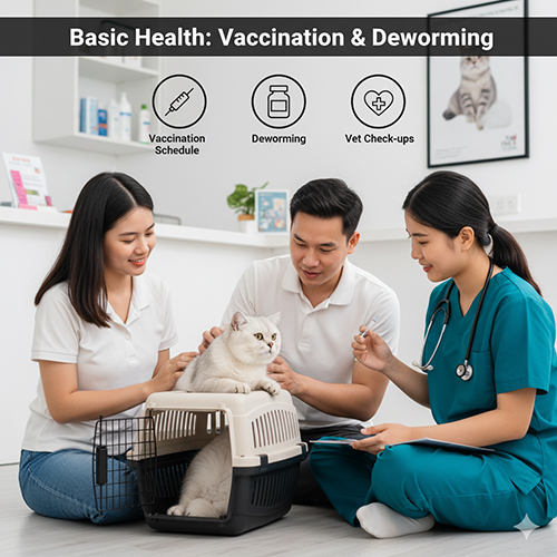 Bác sĩ thú y kiểm tra sức khỏe cho mèo Anh lông ngắn trong phòng khám cùng cặp đôi chủ nuôi