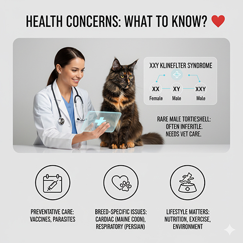 bác sĩ thú y kiểm tra mèo đồi mồi và minh họa sơ đồ XXY liên quan mèo đực tortie hiếm gặp