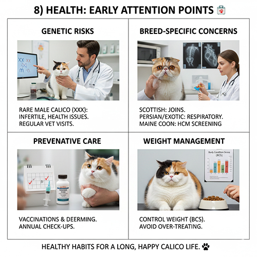 Những vấn đề sức khỏe cần theo dõi ở mèo tam thể calico như di truyền, giống gốc và cân nặng