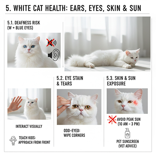 Infographic sức khỏe mèo trắng về khiếm thính, rỉ mắt và nguy cơ da nhạy cảm với ánh nắng