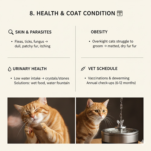 Mèo vàng gãi mặt và mèo vàng uống nước từ đài nước – minh họa sức khỏe da lông và tiết niệu