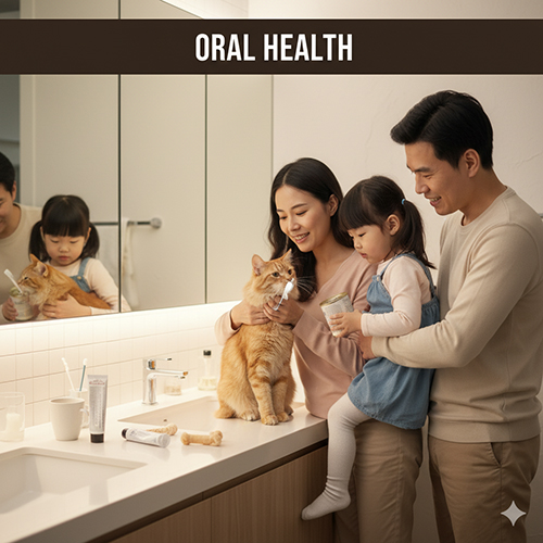 Gia đình cùng mèo trong phòng tắm, chuẩn bị bàn chải và kem đánh răng cho mèo, minh họa cho chăm sóc răng miệng