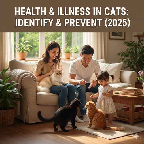 Gia đình cùng ba chú mèo trong phòng khách sáng sủa, minh họa cho bài viết hướng dẫn nhận biết và phòng ngừa bệnh ở mèo