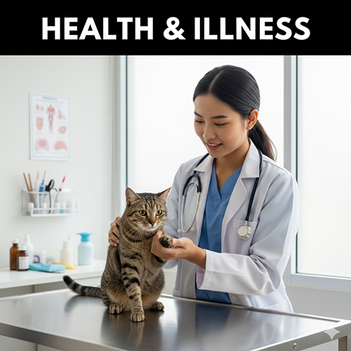 Bác sĩ thú y đang kiểm tra sức khỏe cho một chú mèo mướp trên bàn khám, minh họa chủ đề sức khỏe và bệnh ở mèo.