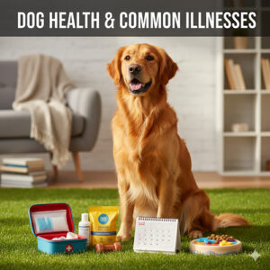 Chó Golden Retriever ngồi trên thảm cỏ, cạnh bộ dụng cụ y tế và lịch, minh họa cho chủ đề sức khỏe và bệnh thường gặp ở chó.