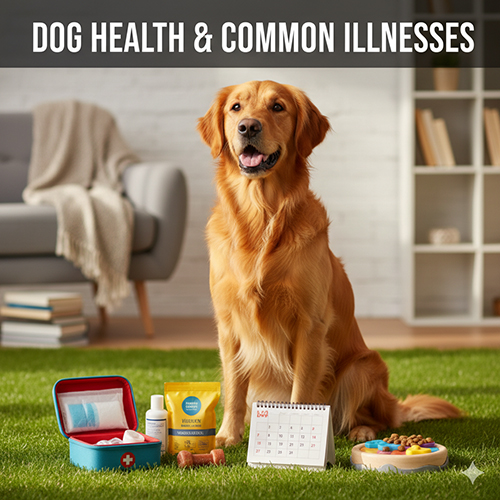 Chó Golden Retriever ngồi trên thảm cỏ, cạnh bộ dụng cụ y tế và lịch, minh họa cho chủ đề sức khỏe và bệnh thường gặp ở chó.