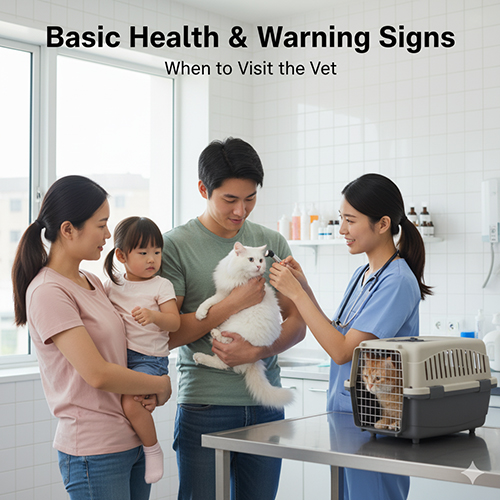 Gia đình đưa mèo đi khám thú y, bác sĩ kiểm tra sức khỏe và tư vấn tiêm phòng