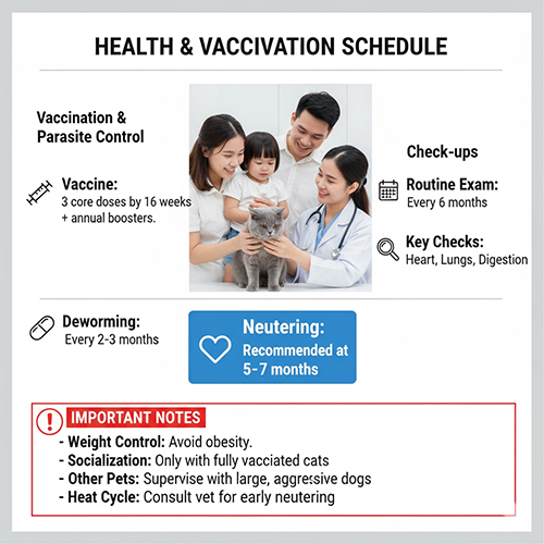 Bác sĩ thú y kiểm tra sức khỏe cho mèo Anh lông ngắn cùng gia đình, minh họa lịch tiêm phòng và tẩy giun định kỳ.