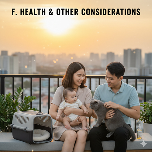 Gia đình trẻ cùng em bé chơi với mèo Anh xám trên sân thượng lúc hoàng hôn, bên cạnh lồng vận chuyển thú cưng – minh họa cho phần sức khỏe, vệ sinh và lưu ý khác của mèo Anh.