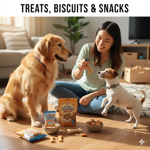 Cô gái cho chó nhỏ ăn bánh thưởng, cạnh đó là chó Golden ngồi nhìn cùng nhiều gói treats và snack như Jerhigh, Squeeze Up.