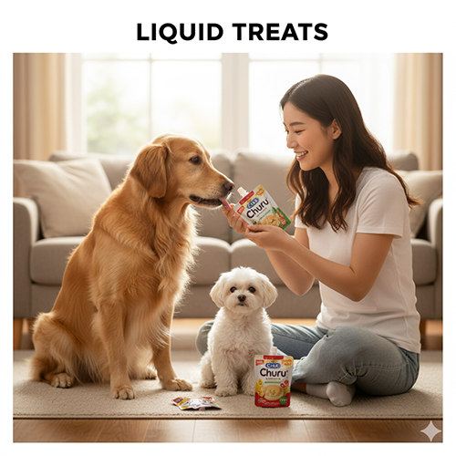 Cô gái cho chó Golden liếm súp thưởng từ túi Churu, cạnh đó là chó nhỏ lông trắng ngồi trên thảm, xung quanh có nhiều gói súp khác.