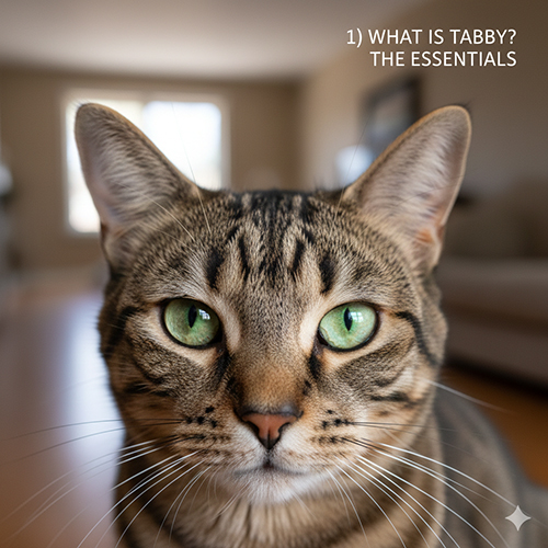 Cận cảnh khuôn mặt mèo tabby với chữ M rõ trên trán và viền mắt sáng đặc trưng