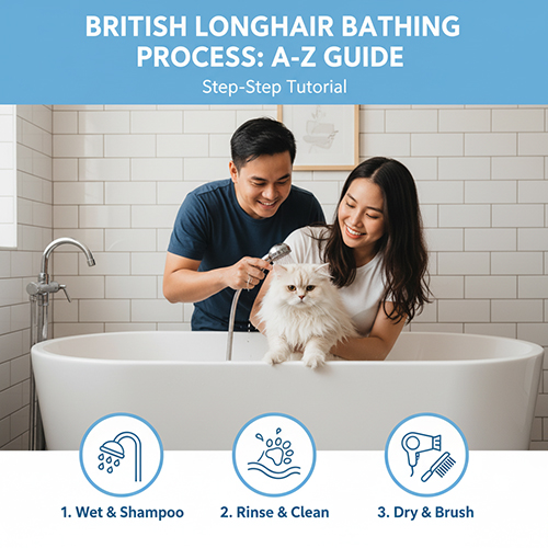 Cặp đôi đang tắm cho mèo Anh lông dài trong bồn tắm, minh họa quy trình tắm đúng cách giúp lông sạch và mượt.